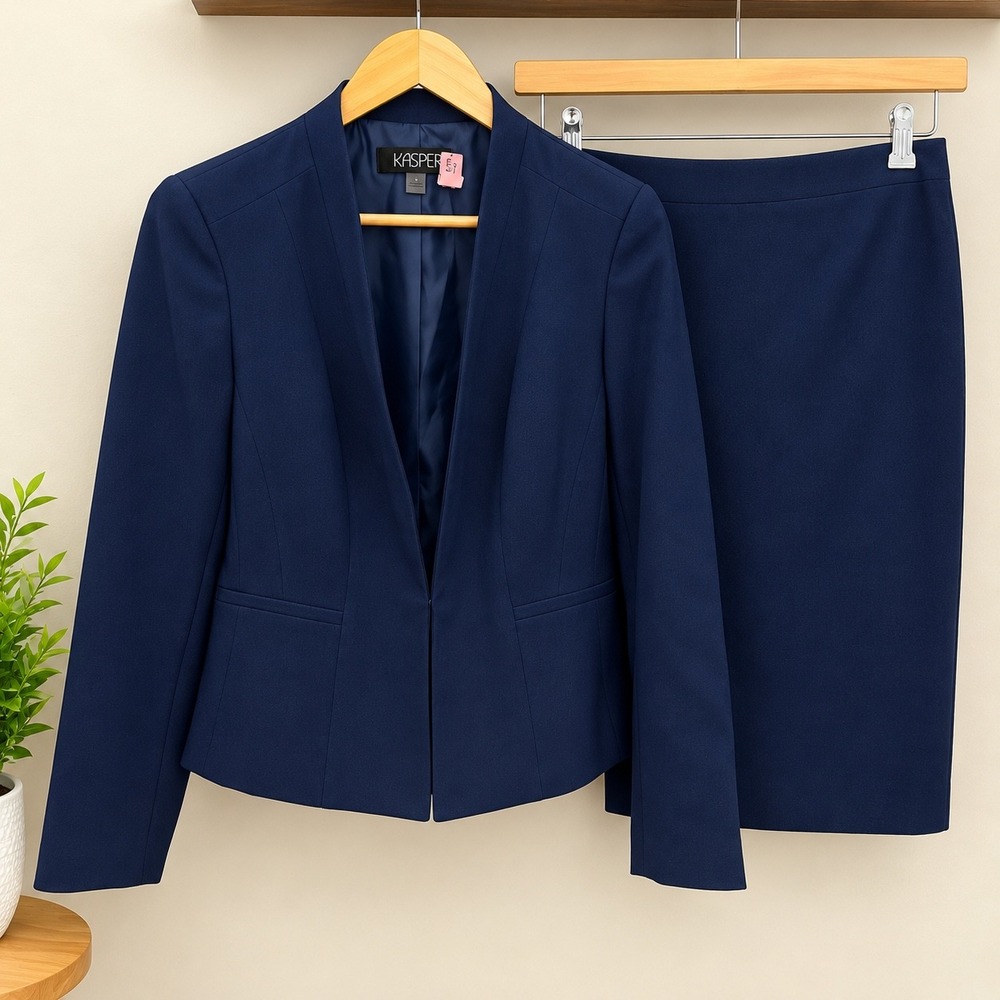 Kasper Womens Navy Blue 2 Piece Skirt Suit Set Open Front Blazer Pencil Skirt 4